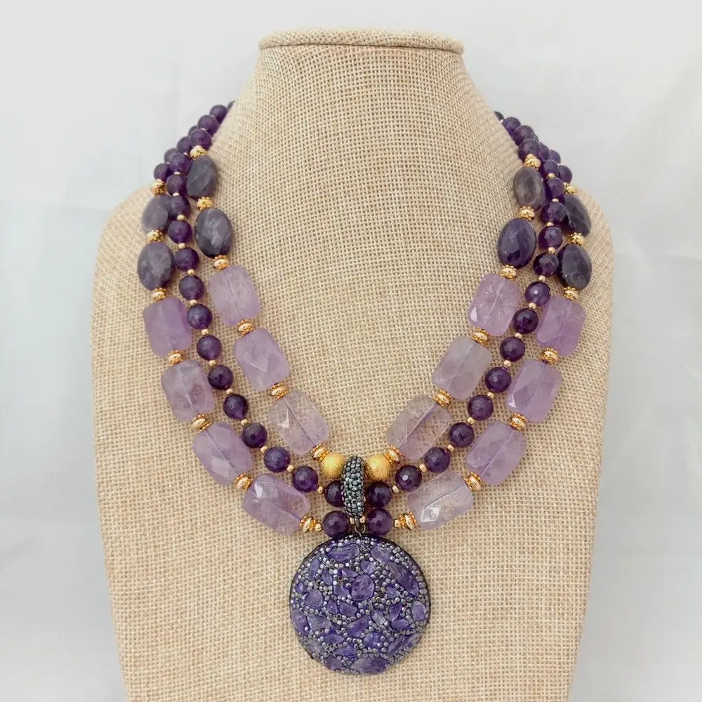 N022952 1" 3 ряда круглого прямоугольного ожерелье с фиолетовым камнем грубая подвеска