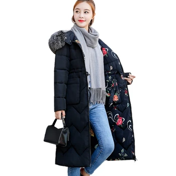 

Big Fur Collar Duck Down Jacket Women Hooded Winter Two Sides Wear Long Print Down Coat Plus Size Fashion Warm Women Parka 3XL