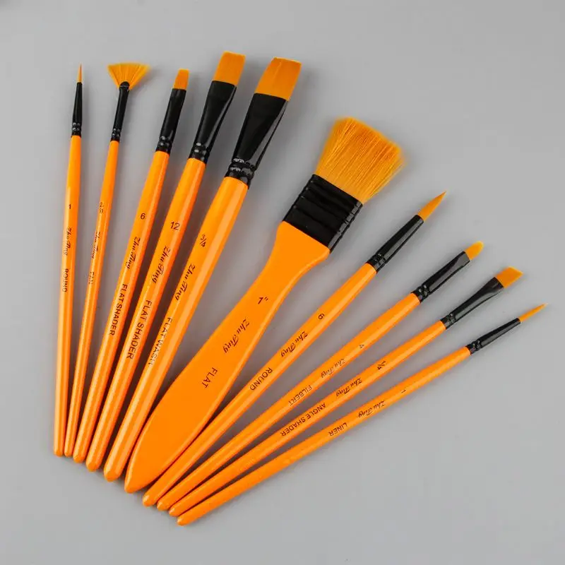

10Pcs/Set Nylon Hair Paint Brushes Kit with Yellow Wooden Handle For Acrylic Oil Watercolor Drawing Supply