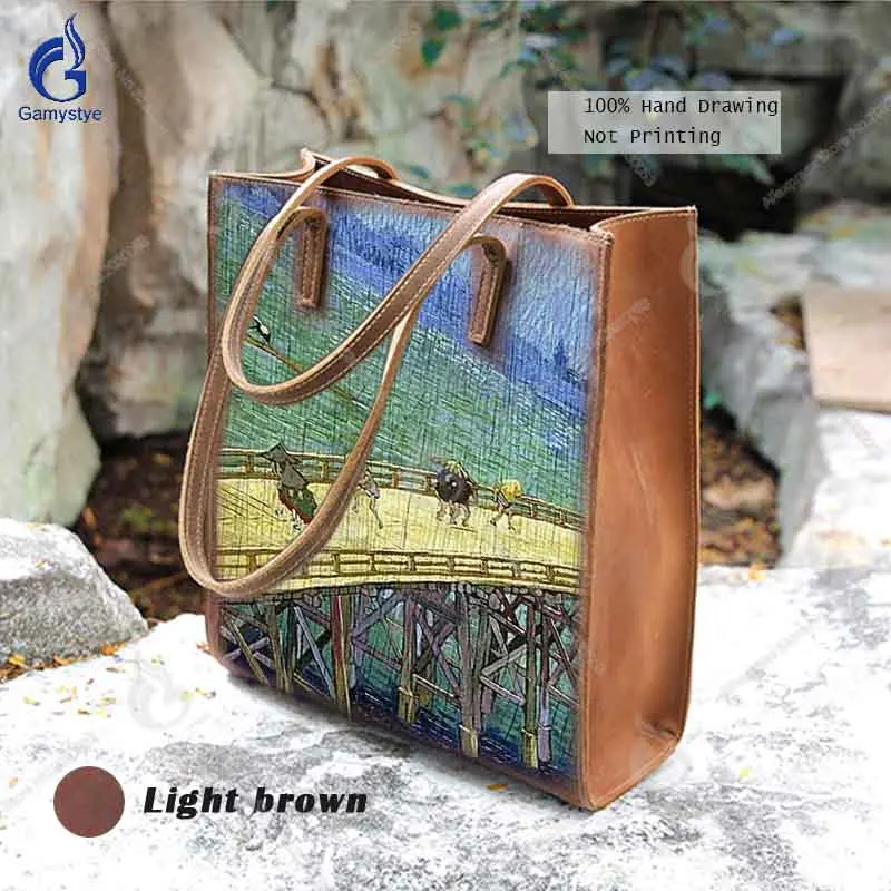 

Gamystye 100% Genuine Full Grain Cowhide Shoulder Bags Brown Landscape Pattern Casual Totes Women Clutch Bag Genuine Leather Bag