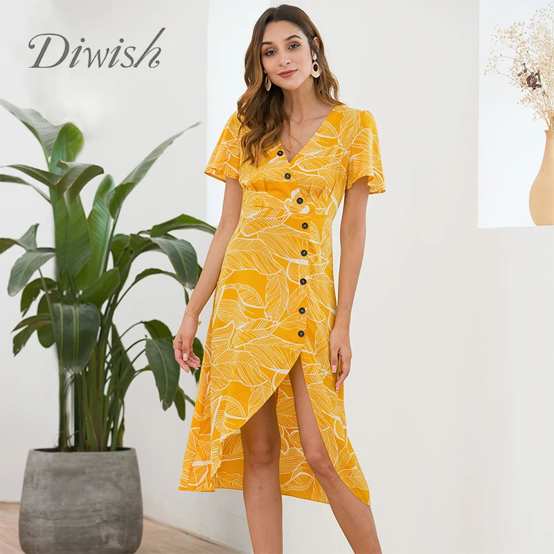 

Diwish Women Chiffon Summer Dress V-Neck Print Butterfly Sleeve Midi Asymmetrical Button Dress Fashion Yellow Dress 2019