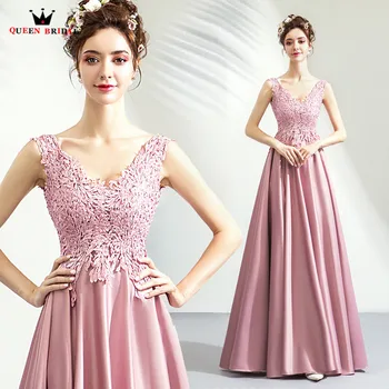 

A-line V-neck Lace Simple Pink Elegant Long Formal Evening Dresses 2020 New Arrival Evening Gown Robe De Soiree JU80