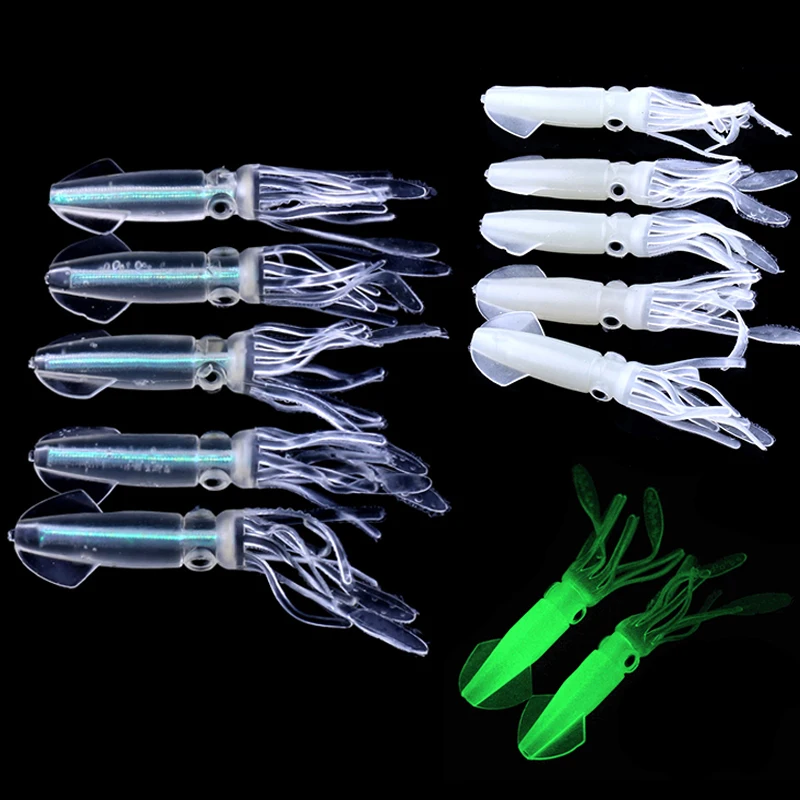 5Pcs/set Soft Luminous Squid Fishing Bait Plastic Octopus Bodies Glow In Dark Fish Lure Saltwater Baits Green Fishing Lures 10cm