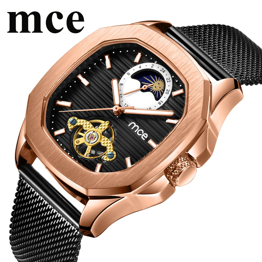 

MCE New Square Automatic Watch Men Skeleton Military Sun Moon Mechanical Watches Tourbillion Fashion Gold reloj hombre Dropship
