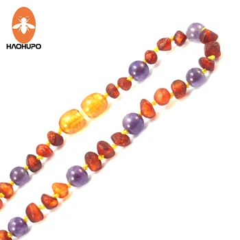 

HAOHUPO Unpolished Amber Baby Teething Bracelet / Necklace with Natural Amethyst Stone Irregular Amber Jewelry for Women Child