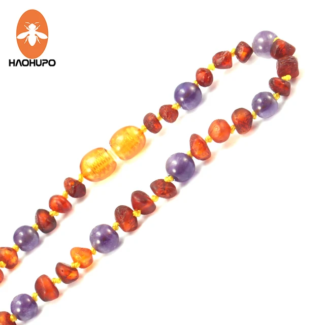Haohupo Unpolished Amber Baby Teething Bracelet Necklace With Haohupo Unpolished Amber Baby Teething Bracelet Necklace With Natural Amethyst Stone Irregular Jewelry For