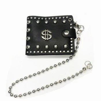 

Vintage 2019 Punk Style PU Leather Women Men Wallet USD Dollar Pattern Rivets Short Purse with Chain Male Clutch Wallets Black