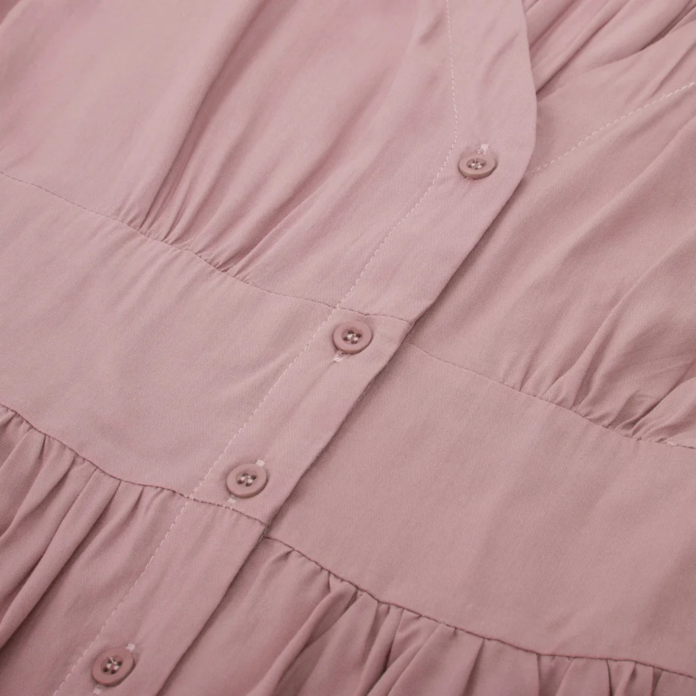 Women retro Dress Short Sleeve V-Neck Button Placket Cotton dresses summer ladies solid color ruched swing A-Line dress elegant