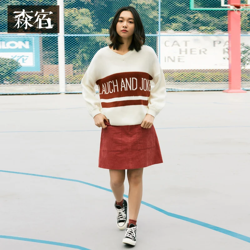 

Samstree Casual Loose Autumn Winter Women Sweaters Letter Jacquard Long Knitted Pullover V-Neck Drop-shoulder Batwing Sleeve