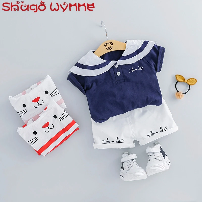 

Summer Baby Girls Cotton Lapel Collar Short Sleeve T-shirt Tops + Casual Shorts Cartoon Cat Kids 2Pcs Suits Infant Clothing Sets
