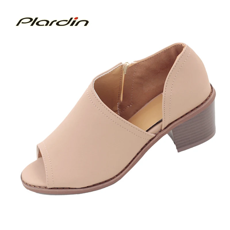 

Plardin 2018 Summer Plus Size Peep Toe Bare And Ankle Boots Single Shoes With Square Heel Zip Peep Toe women's Shoes