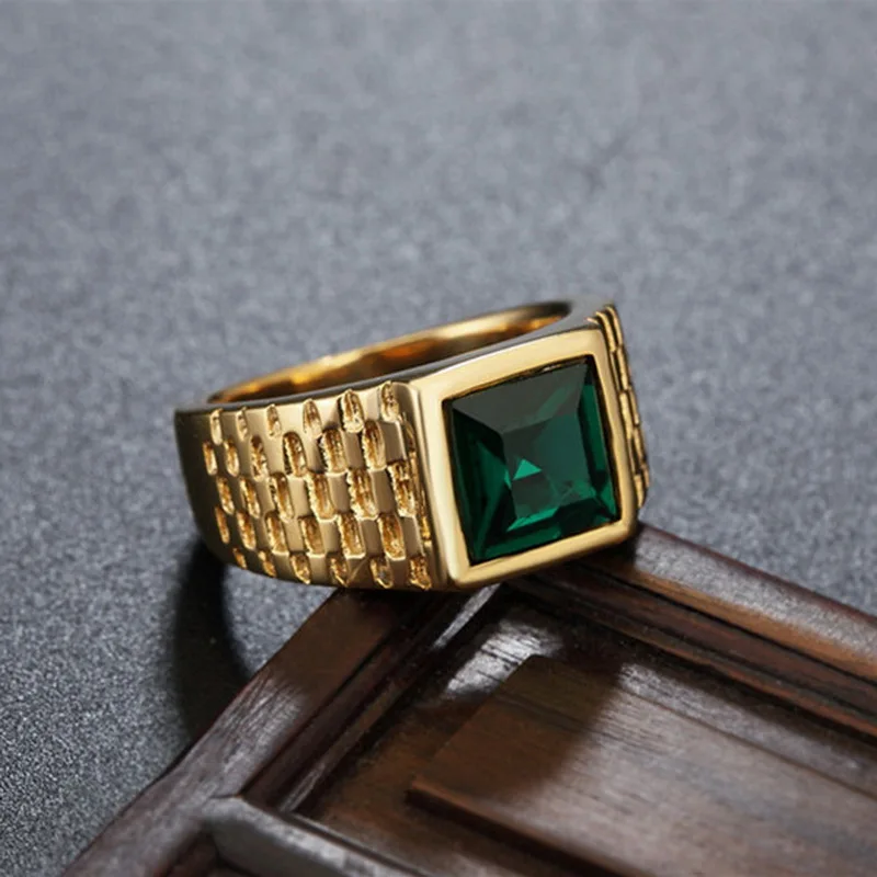 

Square Red / Green Yellow Stone Simple Mens Band Rings In Solid Titanium Stainless Steel Gold Color Fashion Elegant Mens Jewelry