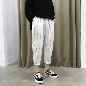

2019 New Chinese Style Men's Harajuku Summer Linen Breathable Nine Points Striped Youth Casual Trousers Streetwear