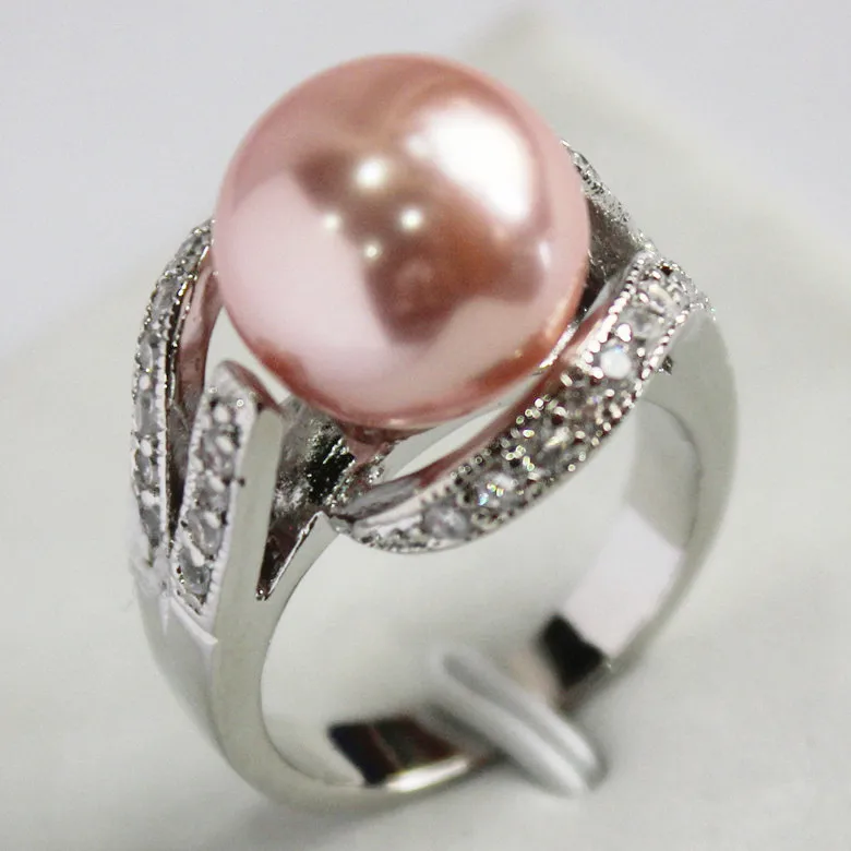 2015 New Style Pink 12MM Bead 18K Platinum Plated Inlay CZ South Sea Shell Pearl Gift Fashion Rings For Women A1012 | Украшения и
