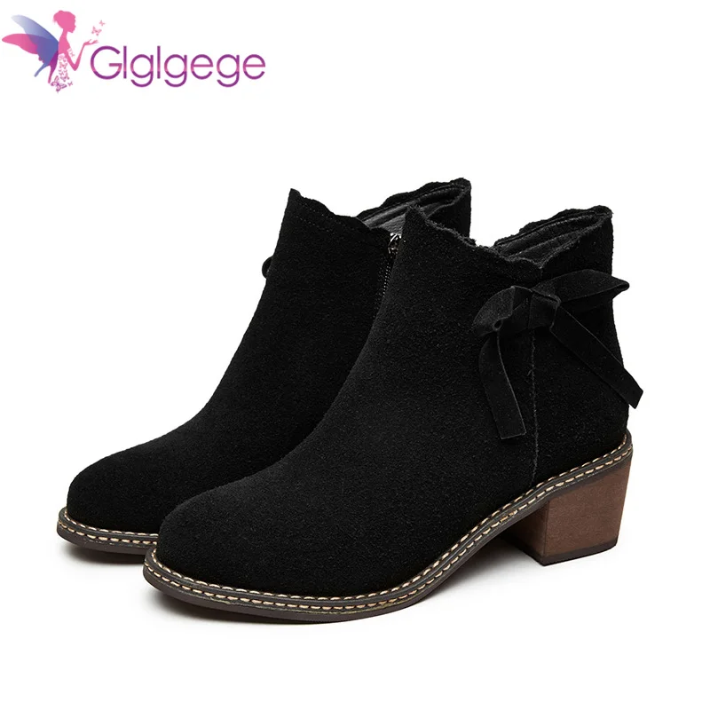 

Glglgege Women's Boots Genuine Leather Single 2018 Winter Boots With Ankle Boots Butterfly-knot High-Top Casual Martin Boots