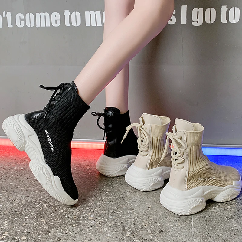 Sock Sneaker Women Autumn 2019 New High Top Sneakers Women Fashion Breathable Black Platform Shoes White Chunky Sneakers Ladies