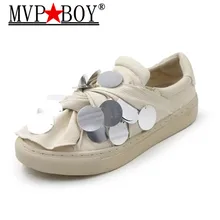 Mvp Boy Демисезонный сладкий круглый носок с блестками из плотной ткани уличные удобные Повседневное обувь с мягкой подошвой женские туфли на плоской подошве; Цвет черный, белый; большие размеры 35-40