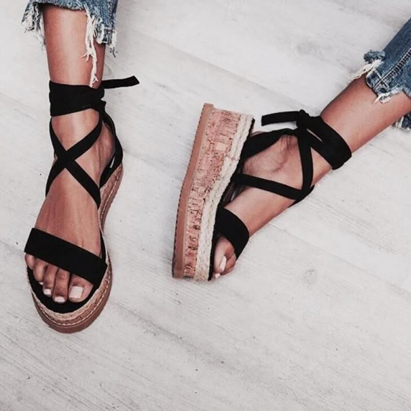 Cross Strap Shoes Women Lace Up Ladies FootWear Hemp Rope Wedge For Woman Platform Glodiator Sandals High Heels | Обувь