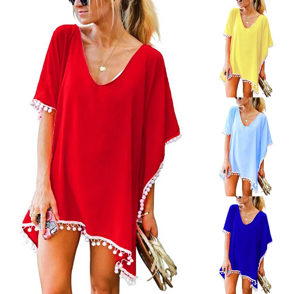 

Women's Swimming Suit Sexy Bikini Swimsuit Women's Pom Pom Trim Kaftan Chiffon Swimwear Beach Loose Bikini Cover Up