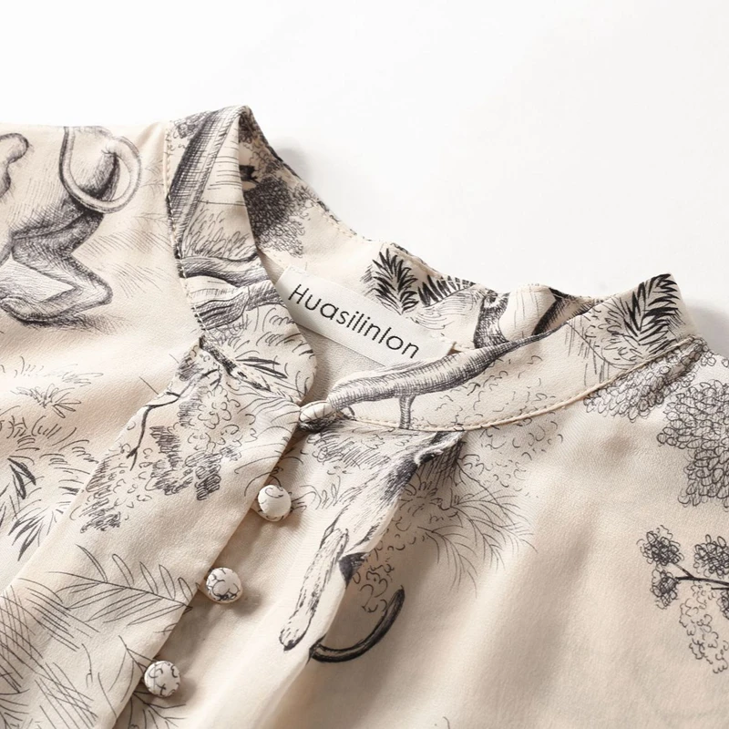 100% Silk Blouse Women Plus Sizes Shirt Vintage Printed Button O Neck Long Sleeve Pullover Top New