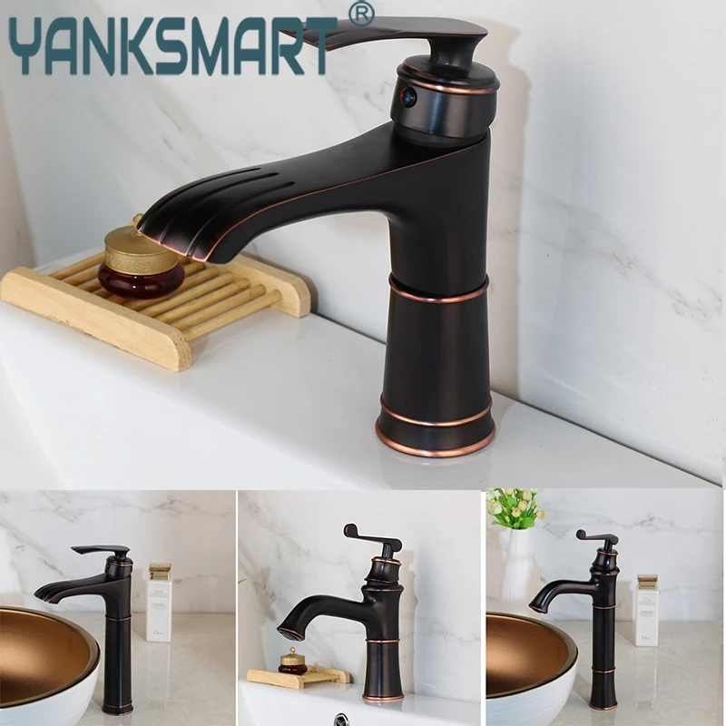 YANKSMART новый черный матовый ORB смеситель для раковины с резной ручкой смесители для ванной комнаты Горячий Холодный Смеситель кран для кухни