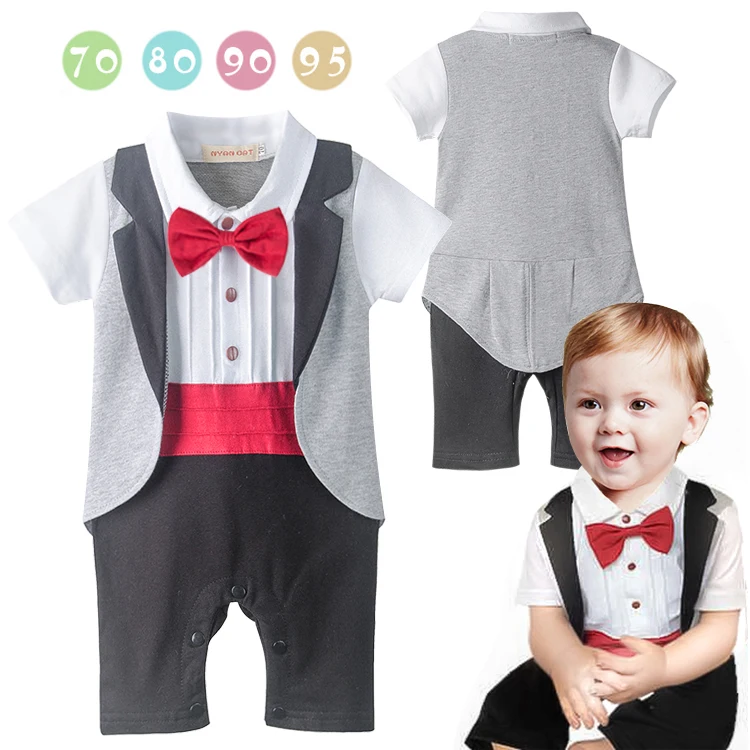 Image 2016 New Baby Boys Gentleman Rompers Toddlers Red Bow Tie Short Sleeve Jumpsuit Newborn Tuxedo Infant  Kids Clothes