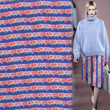 

Red rose stripe design and blue striped print pure silk Crepe DE chine silk fabric 14momme thickness,SCDC666