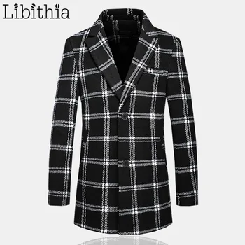 

Cotton Blends Plaid Coats Men Long Style Slim Fit Male Winter M-5XL Two Buttons Casual Overcoat For Men Blazer Collar Black K110