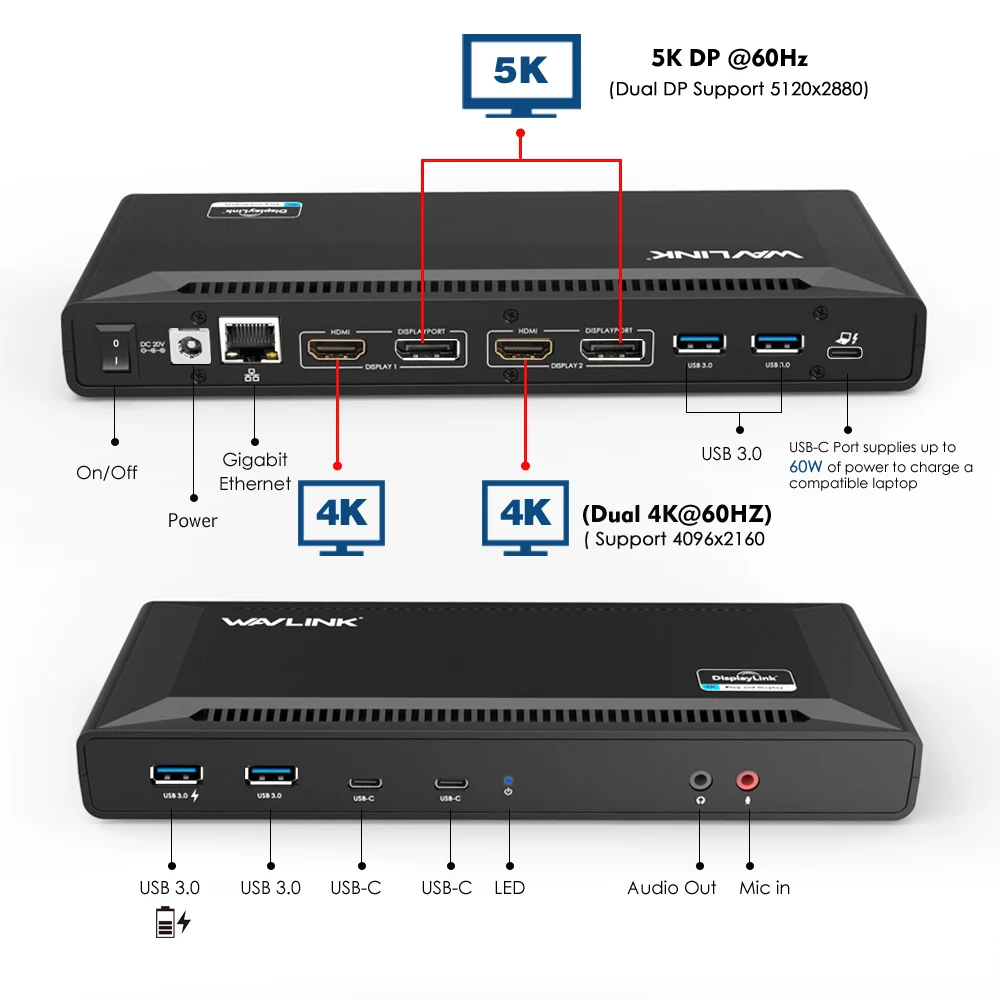 Wavlink 4K USB-C Universal Docking Station Gigabit Lan USB 3.0 5K HDMI Compatible DP Display Power Delivery For Windows Mac OS