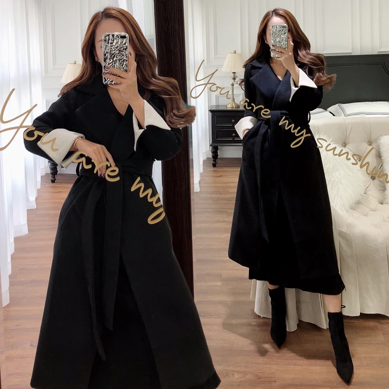 Elegant V Neck Women's Winter Fashion Woolen Overcoat Long Black Trench Dress Coats With Pockets Belt Casaco de la Feminino - Цвет: black