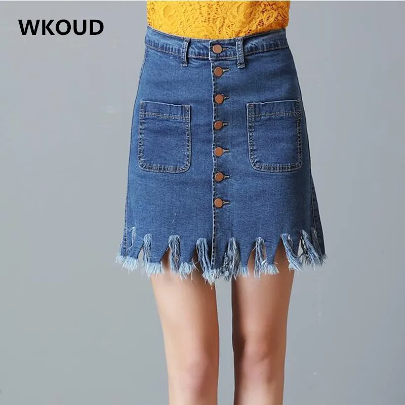 WKOUD Denim Skirt Women High Elastic Holes Tassel Buttons Decorate Mini