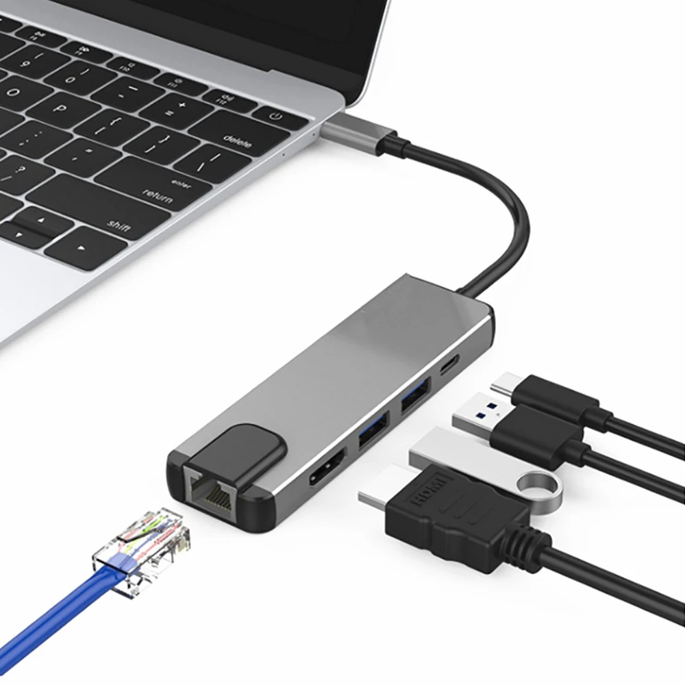 5 Порты и разъёмы адаптер Тип C на HDMI/USB3.0/Gigabit Ethernet Rj45 LAN конвертер концентратор для