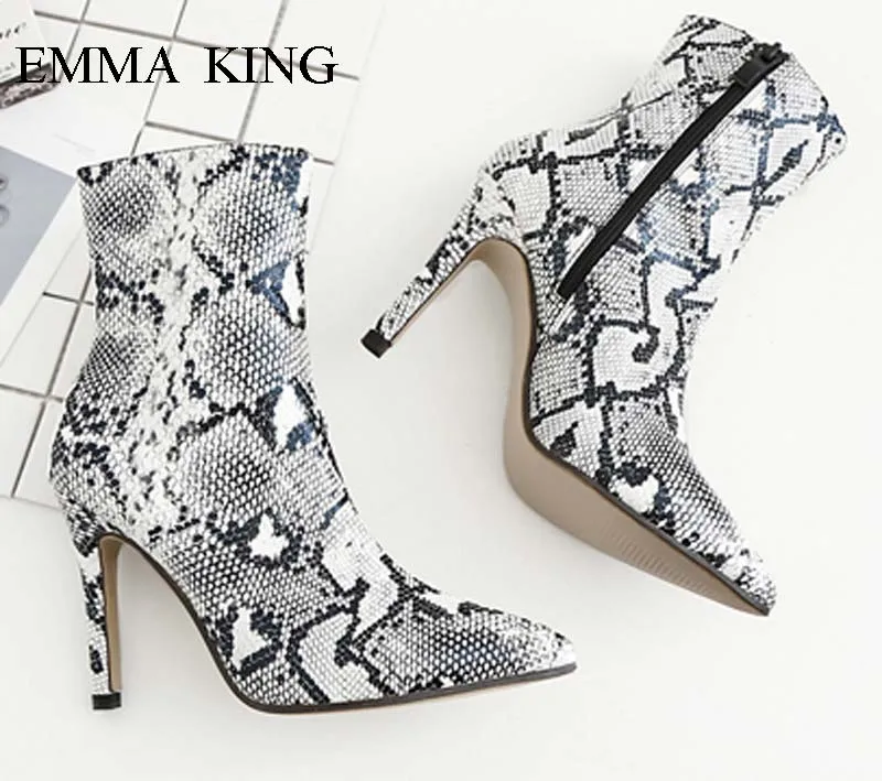 

New Botines Mujer Sexy Women Boots Autumn Shoes Fashion Snake Ankle Boots for Women Pointed Toe Thin High Heels Shoes Woman