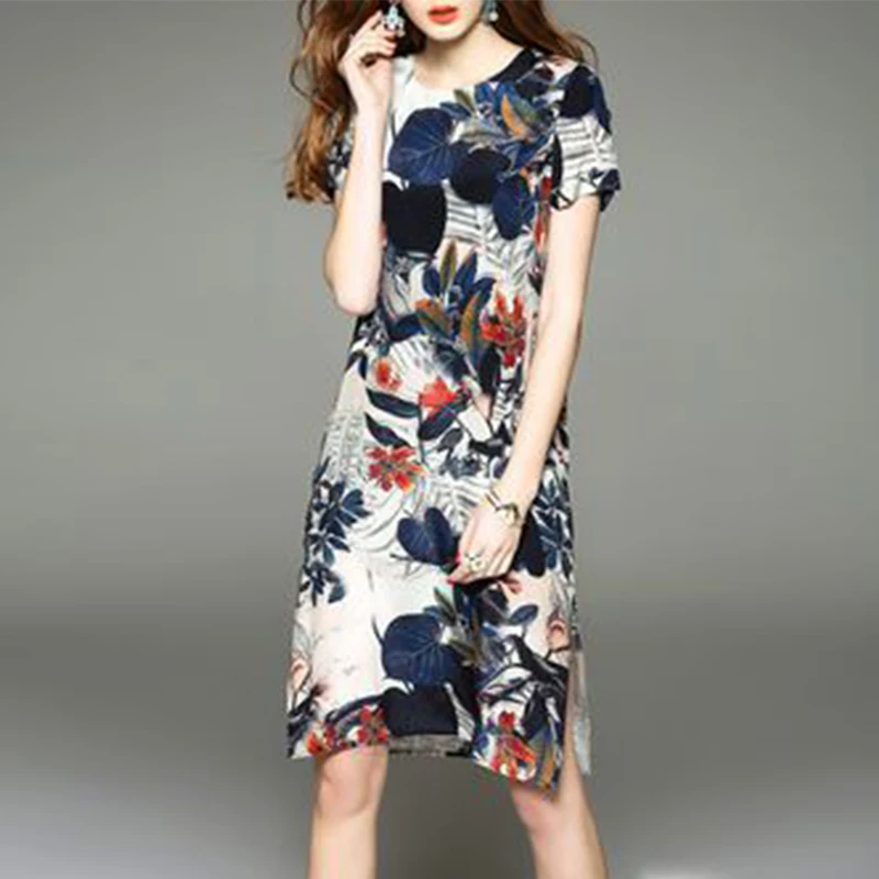 ZANZEA женское летнее платье с коротким рукавом и цветочным принтом, свободное Повседневное платье с разрезом, сарафан размера плюс, платье миди для женщин - Цвет: Синий