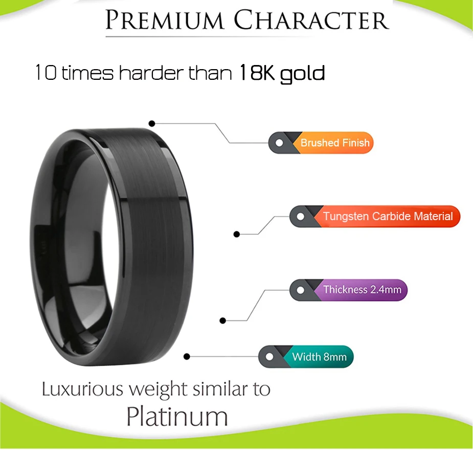Mens Black Tungsten Carbide Ring Women Wedding Band Flat Brushed Polished Finish Comfort Fit