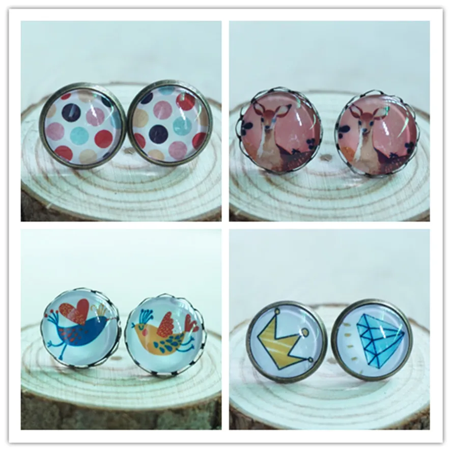 Glass Earring woman fashion Earring Studs cute cabochon ear nail Antique bronze vintage Stud