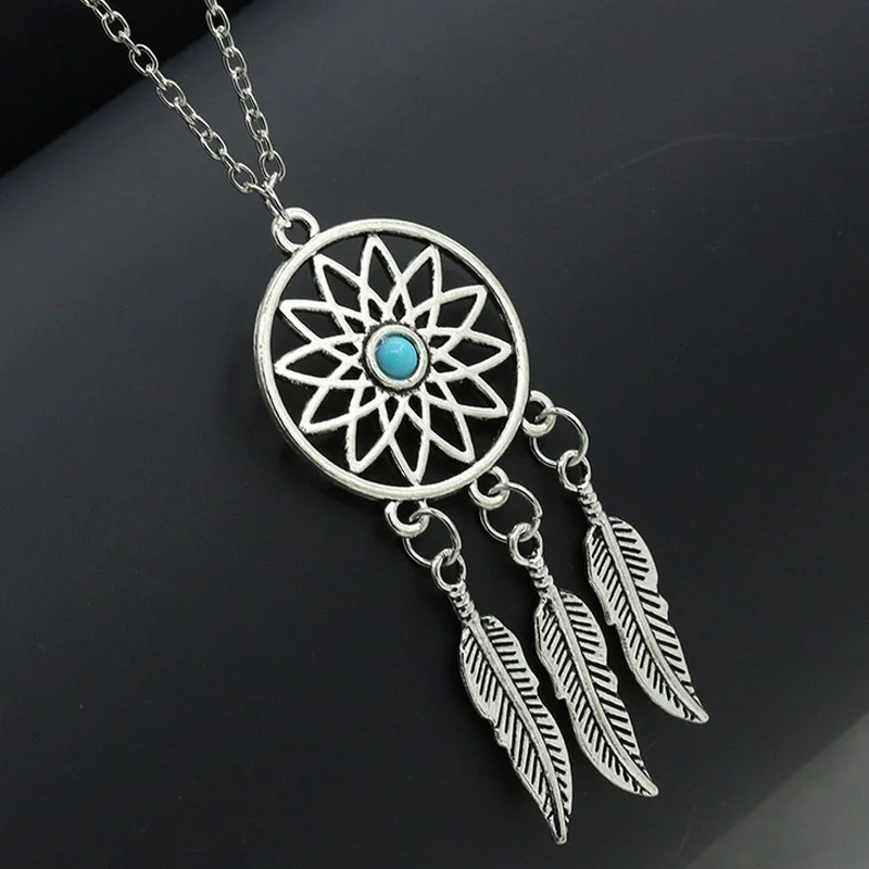 

New Fine Bohemia Ethnic Pendant Necklaces Women's Jewelry Long Sweater Chain Hollow Flower Feather Dreamcatcher Collier Necklace