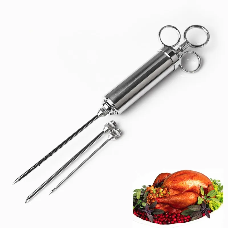 1 set Food Meet Syringe Stainless Steel Marinade Injector Flavor Syringe Meat Poultry Turkey