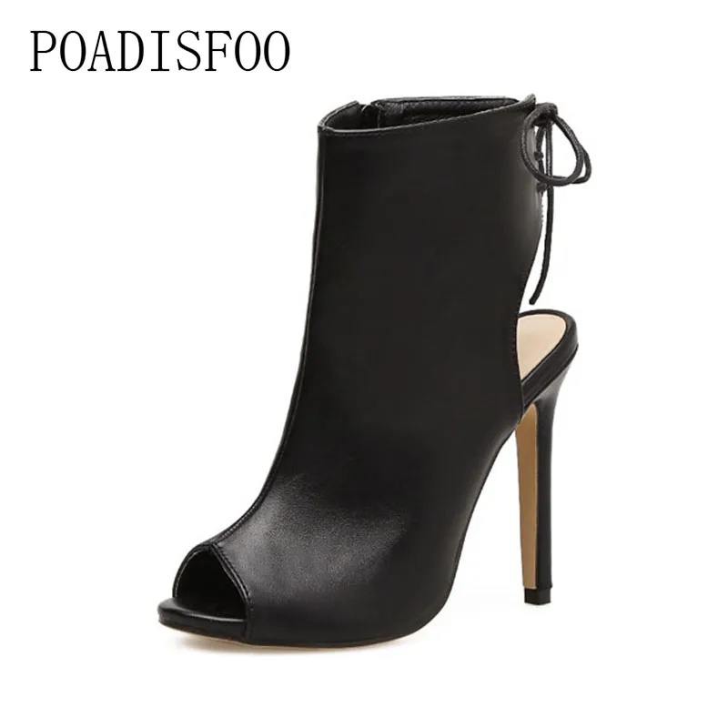 preço POADISFOO botas de Super saltos Altos das Mulheres No Início Da Primavera Peixe Toe botas De Couro Sexy Preto Sandálias Cinta de Volta. ZL 938 10
