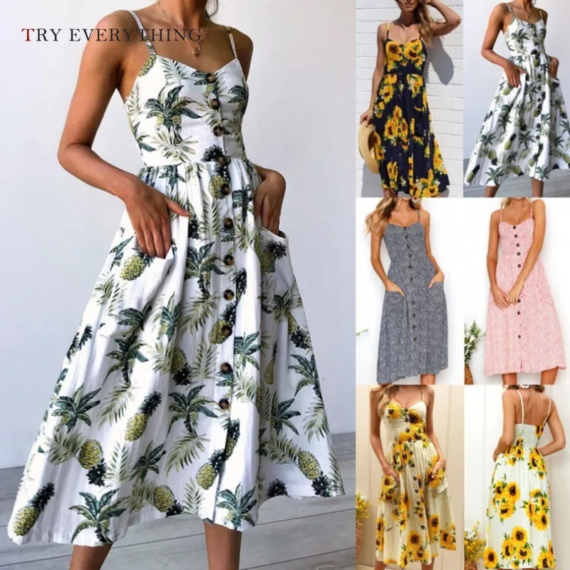 

Boho Summer Dress 2019 Woman Floral Beach Maxi Dress Ladies Button Spaghtti Strap Sexy Casaul Dresses Plus Size Women 3XL 5XL