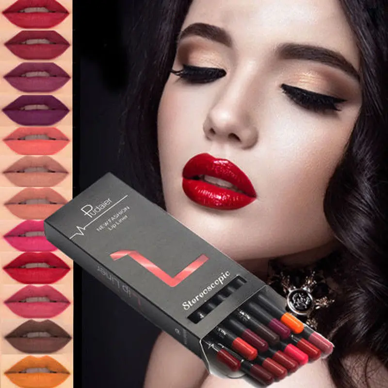 12Pcs/Set Waterproof Pencil Lipstick Set Pen Matte Lip Liner Long Lasting Makeup Pens Easy to Wear Non-stick Cup