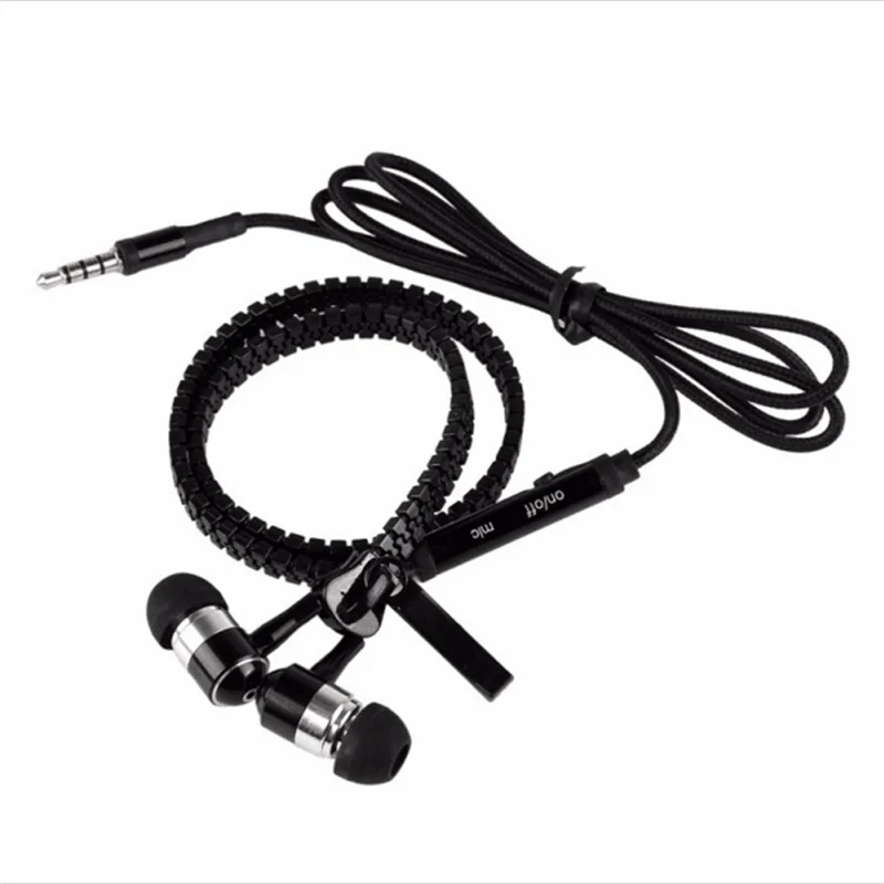 Новые металлические стерео наушники на молнии с басами 3,5 мм проводные наушники с микрофоном для смартфона - Цвет: Черный