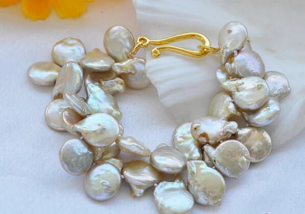 

free shipping 01176 2row 8" coin champagne Freshwater cultured pearl bracelet