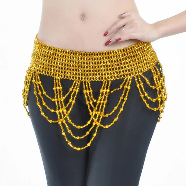 Women Bellydance Clothes Tassel Hip Scarf Belly Dance Elastic Wrapped Belt with Gold/silver Beaded Fringes Gold cross beads