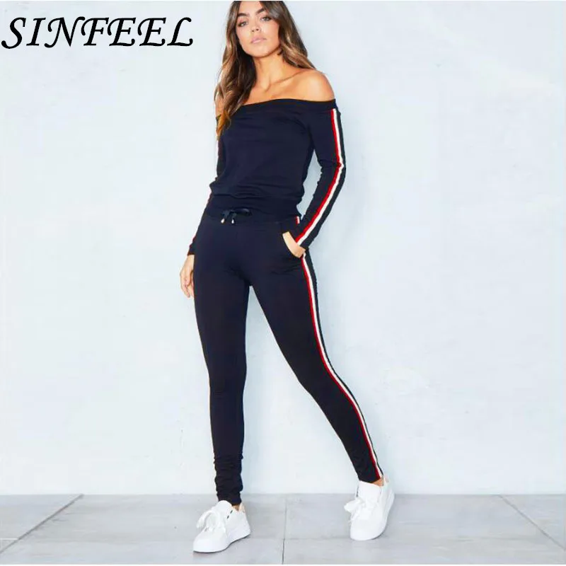 

SINFEEL Women 2 Piece Set Top and Pants Casual Woman Set Gray Off Shoulder Slash Neck Two Piece Set Outfits Tracksuit Clothes
