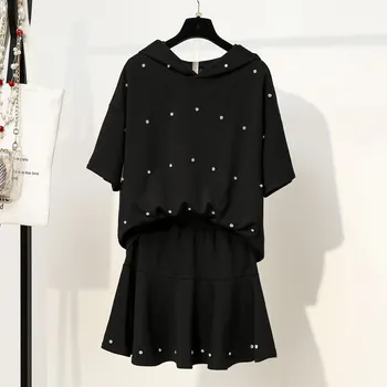 

Summer XL-5XL Women Rivet Two Piece Sets Casual Cotton Zipper Hoodies Elastic Waist Mini Skirts Suits