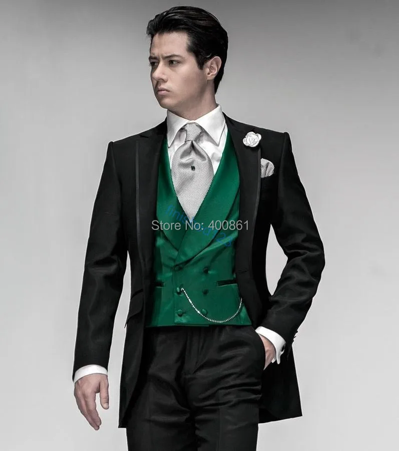 Black With Green Vest Groom Tuxedos Notch Lapel Men Prom Suit Business