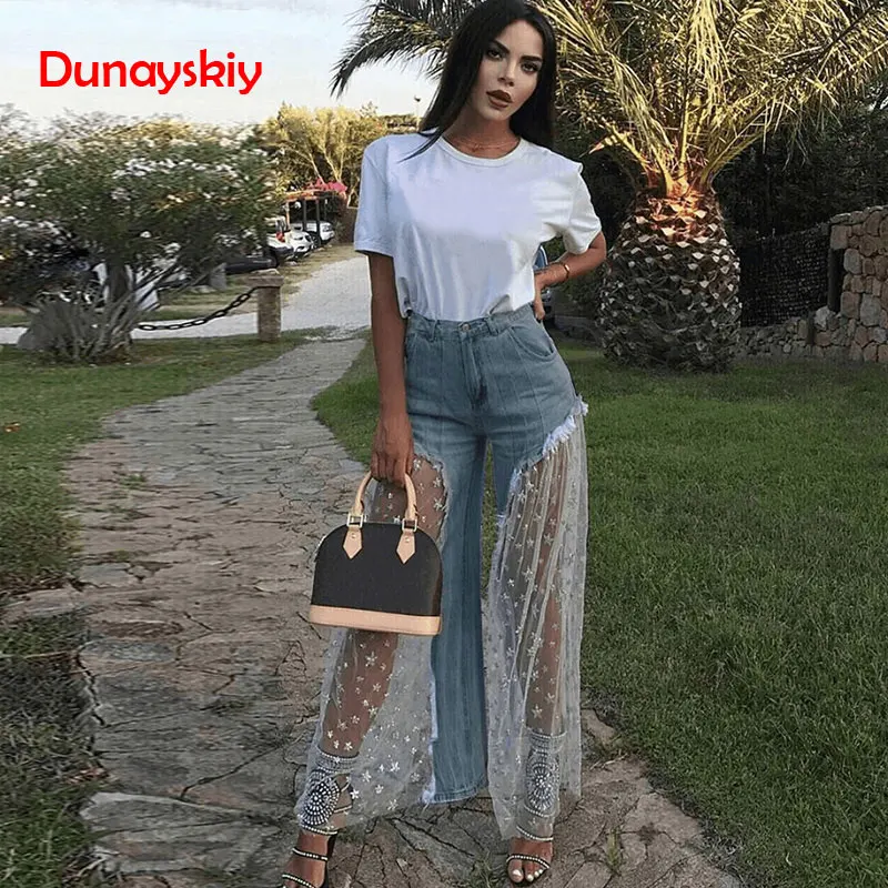 

Sexy Women Wide Leg Pants Sheer Mesh Star Print Splice Denim Pants High Waist Casual Loose Pants Jeans Fashion Party Trousers