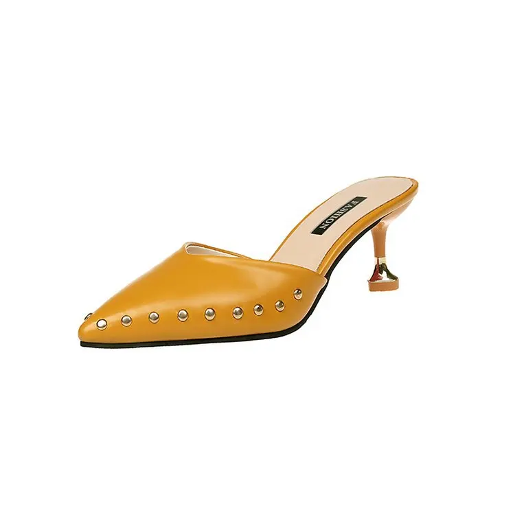 Женская обувь на тонком каблуке с заклепками однотонные Летние босоножки для женщин, для девушек и женщин, выполнено из простой обычная, высокая, на выход острый носок, без шнуровки, на - Цвет: Цвет: желтый