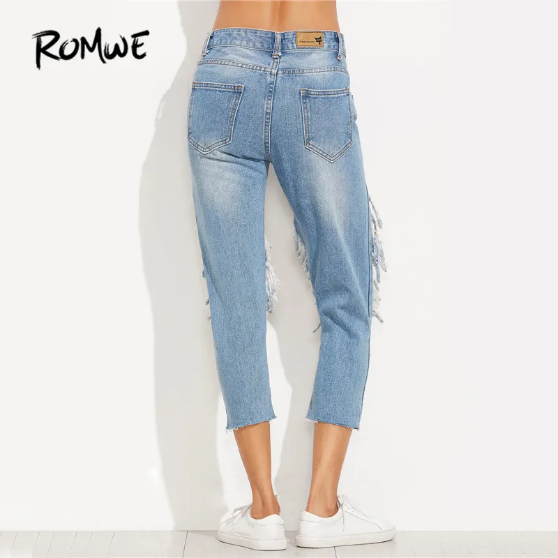 ROMWE Extreme Distressed Cropped Jeans Women Blue Cut Out Skinny Denim Pants Autumn Mid Waist Sexy Button Fly Casual Jeans